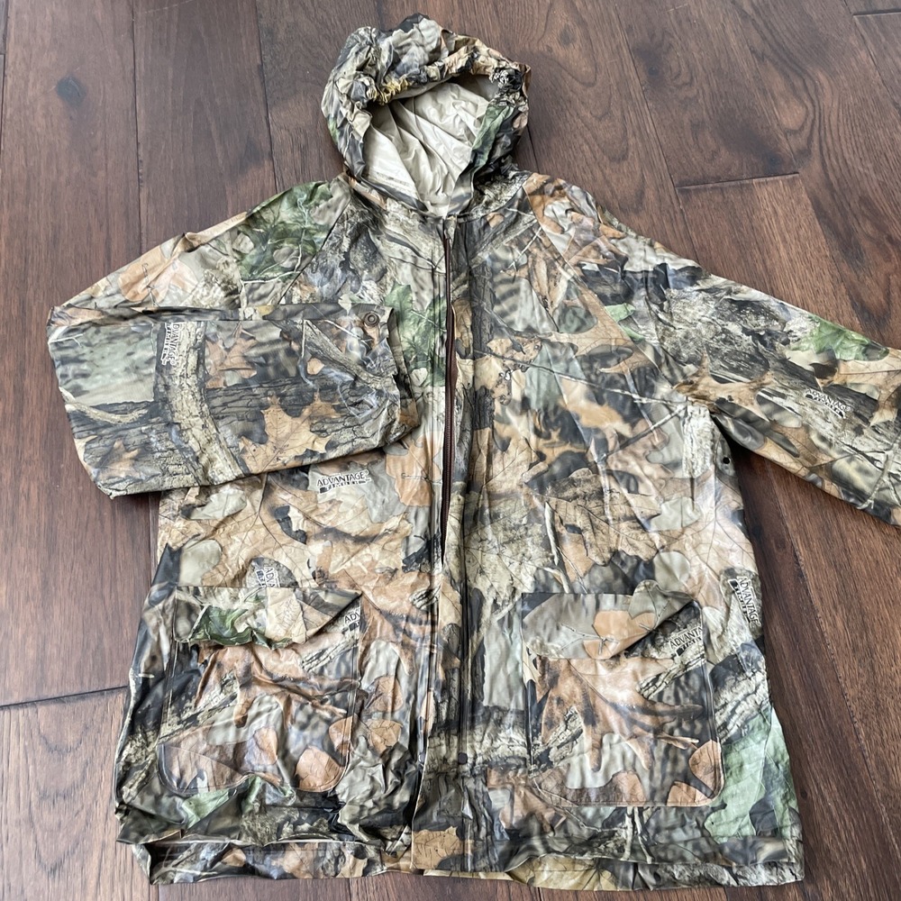 Stearns Hunting Rain Jacket Size Medium 10-12 Full Zip Hooded Mossy Oak Camo